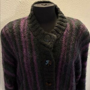 Vintage 1980’s  Black and Purple Striped Women's Cardigan Sweater coat 48” chest